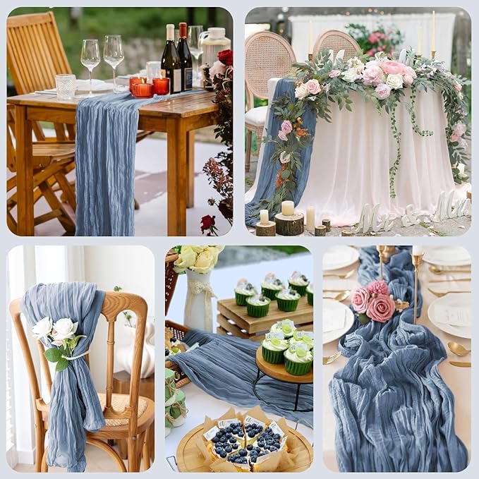Wokceer Dusty Blue Cheesecloth Table Runner Spring 3Pack 10FT Boho Gauze Easter Cheese Cloth Table Runner for Party Long Rustic Sheer Runners for Baby Bridal Shower Wedding