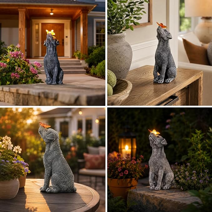 Garden Statue Dog Figurine Decor – Outdoor Decoration with Butterfly for Garden Yard Lawn Home Decor Outside : Christmas Day Gifts Memorial for Women Mom Grandma