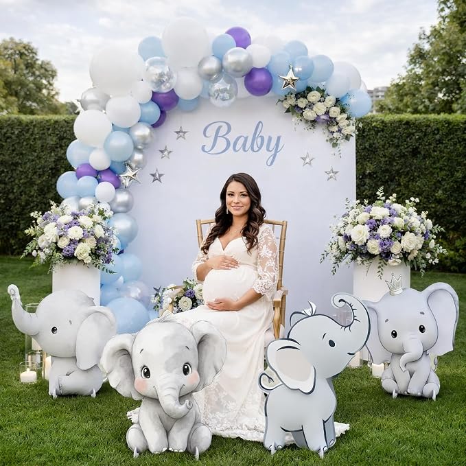4 Pack Elephant Baby Shower Decorations, Large Baby Elephant Cardboard Cutouts Standup, Blue Cartoon Birthday Party Signs for Photo Booth Props Backdrops Decor Displays Party Supplies