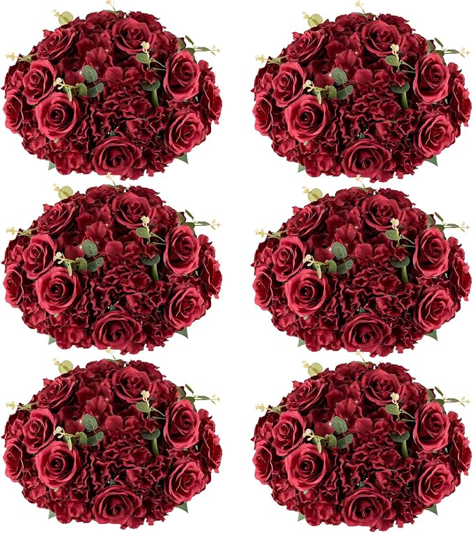 Red Roses Flowers Balls for Centerpieces: 6 PCS 15.7" Diam Flower Centerpieces for Tables in Wedding Reception Decorations Arrangement for Party Celebration Planners
