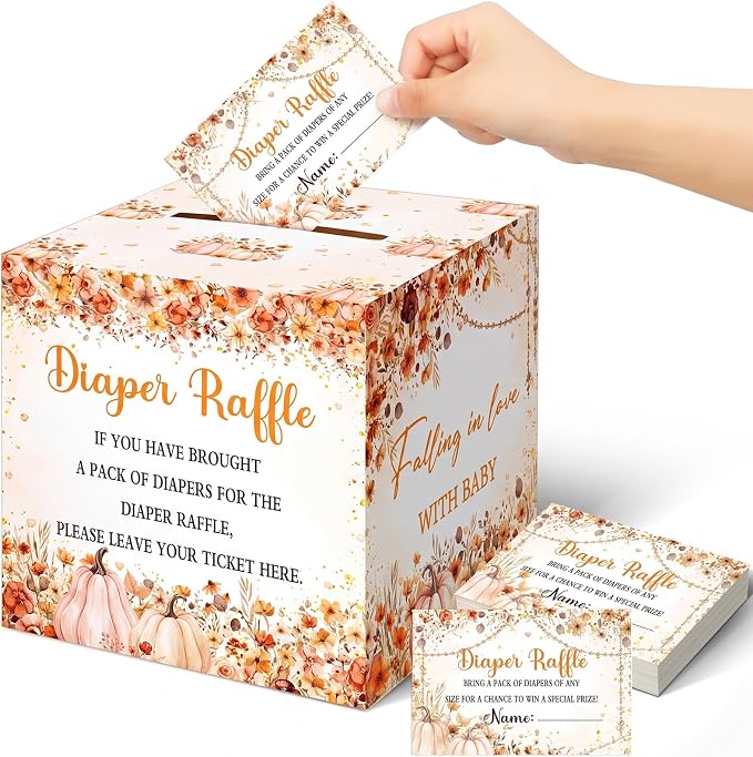 Teling 51 Pieces Diaper Raffle Tickets with Card Box Baby Shower Decorations Gender Reveal Holder Box for Girl Boy Diaper Raffle Party (Falling in Love with Baby Style)