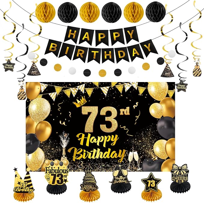 Happy 73rd Birthday Party Decoration: Including Birthday Banner Backdrop, Party Table Centerpieces and Hanging Swirl Party Streamers, Birthday Decor for Men and Women (Gold/Black, 73rd Birthday)