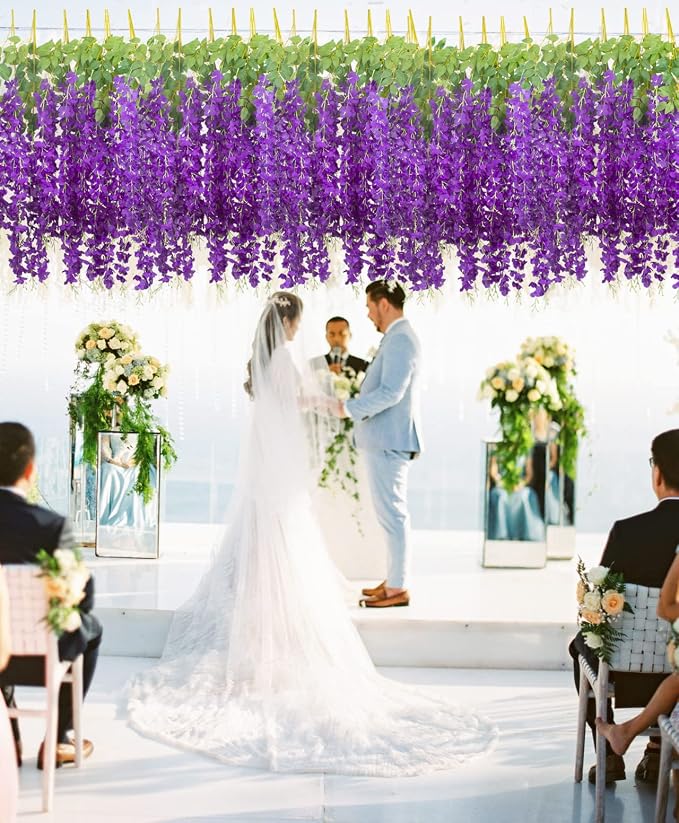 AITISOR 12 Pack Artificial Flowers Silk Wisteria Vine Ratta Hanging Flower (Blue)