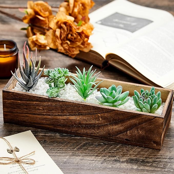 Dandat 2 Set Wood Boxes for Centerpieces 12x4 Inch Rectangle Wooden Planter Box Rustic Wood Planter with Removable Plastic Liner Floral Foam Blocks for Centerpieces Home Wedding Garden Decor