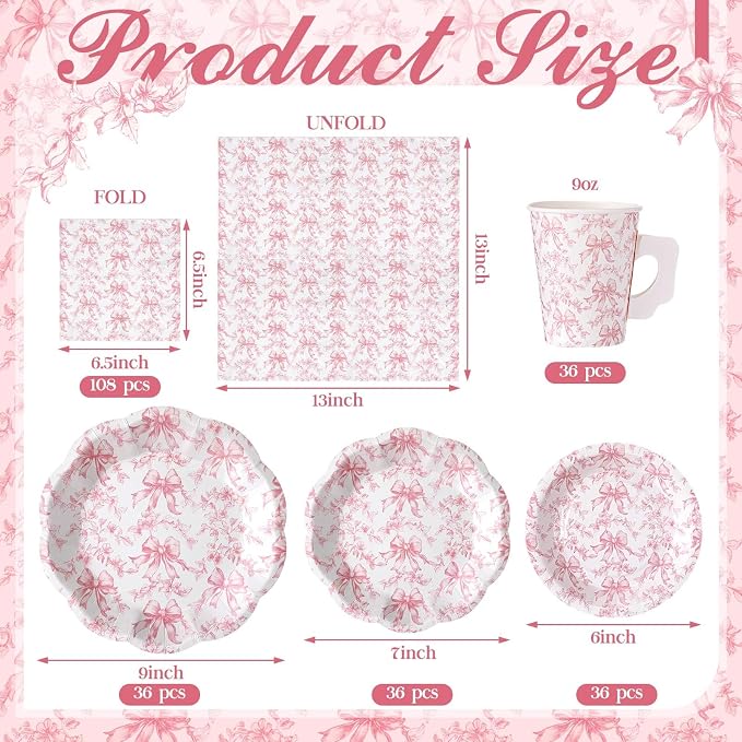 Pickmesh 252 Pcs Pink Bow Floral Tea Party Supplies for 36 Guests Flower Paper Disposable Dinnerware Flower Teacup with Handle and Saucers Set for Tea Party Decorations Birthday Baby Shower Wedding