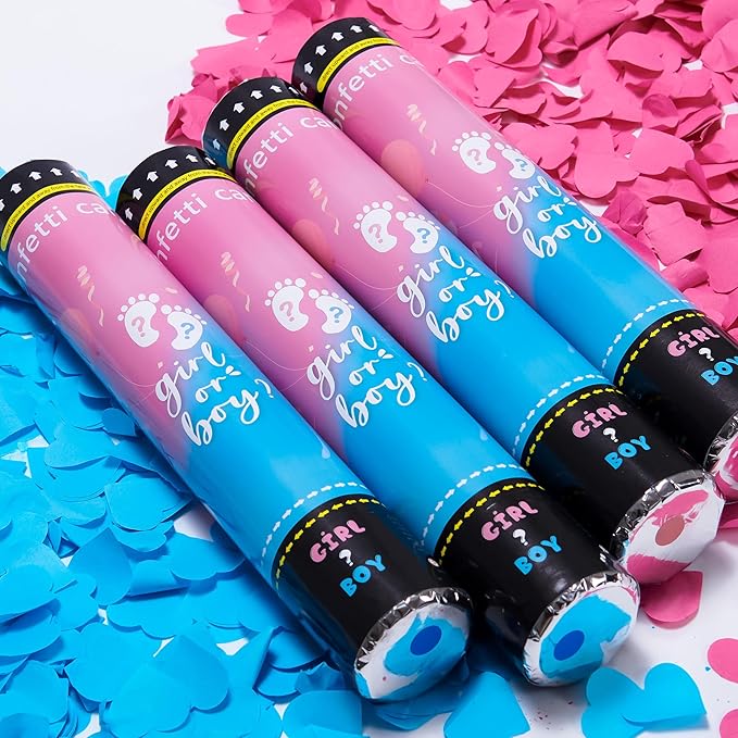 Crisky Gender Reveal Confetti Cannon Heart Shaped Confetti Poppers 2 Pink 2 Blue Baby Shower Baptism Party Cannons Shooter Blaster