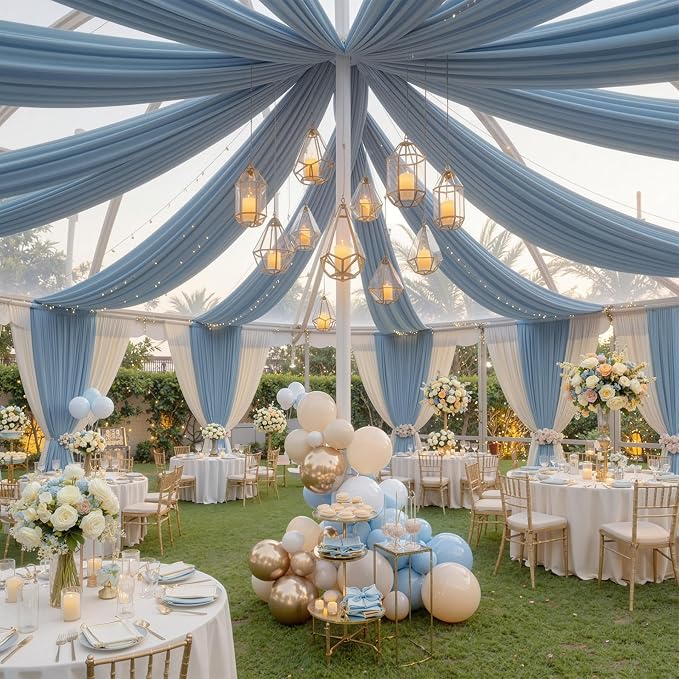 10ftx40ft Dusty Blue Ceiling Curtain for Wedding Parties – 2 Panels Wrinkle-Free 40 FT Long Tent Draping Curtains for Wedding, Birthday & Theme Parties, 40ft Height with Rod Pocket