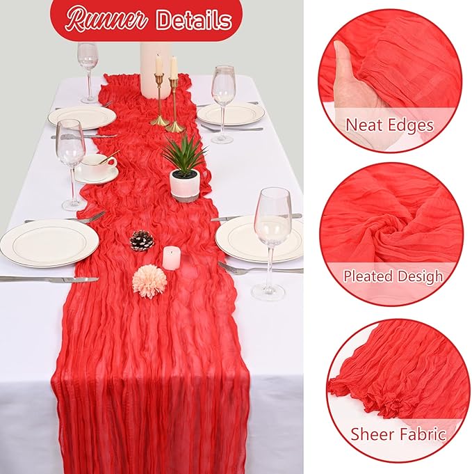 10 Pack Red Cheesecloth Table Runner 10FT Boho Gauze Fabric Cheese Cloth Table Runners for Wedding ,Party,Baby Shower, Bridal Party, Rustic Farmhouse and Table Decorations
