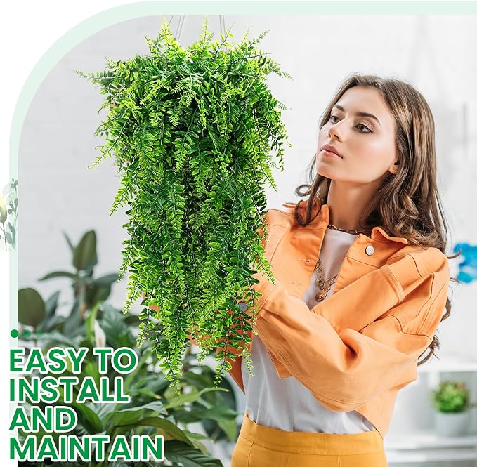 Geosar 122 Pcs Artificial Hanging Plants 32 Inch Hanging Boston Ferns Plastic Fake Plants for Wall Room Garden Wedding Garland Indoor Outdoor Decoration, No Basket