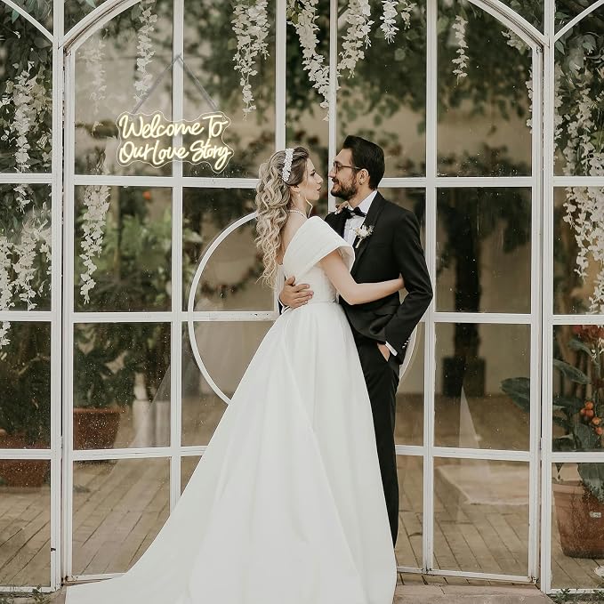 Wedding Neon Sign Welcome to Our Love Story Neon Signs for Wall Decor Warm White Led Lights Couple Light Up for Wedding Bedroom Home Anniversary Party Decoration Lover Gifts