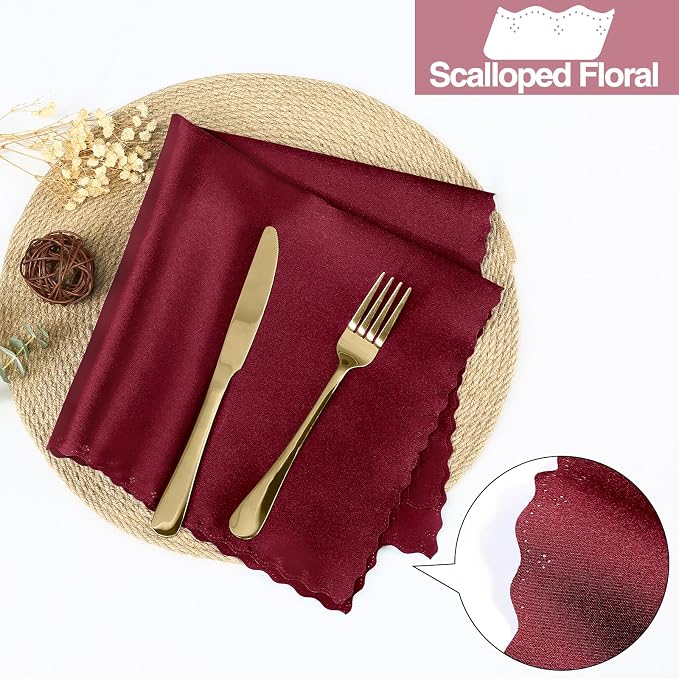 Homiest Burgundy Satin Napkins - 100 Pack, 17x17 Inches, Scalloped Square, Silky Elegant Wedding Napkins for Restaurant, Banquet, Graduation Party