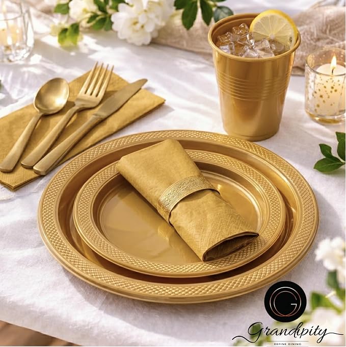 Grandipity 350 Piece Gold Disposable Dinnerware Set, Includes 50 of Each: 9" Dinner Plates, 7" Dessert Plates, 12oz Cups, Paper Napkins, Forks, Knives & Spoons
