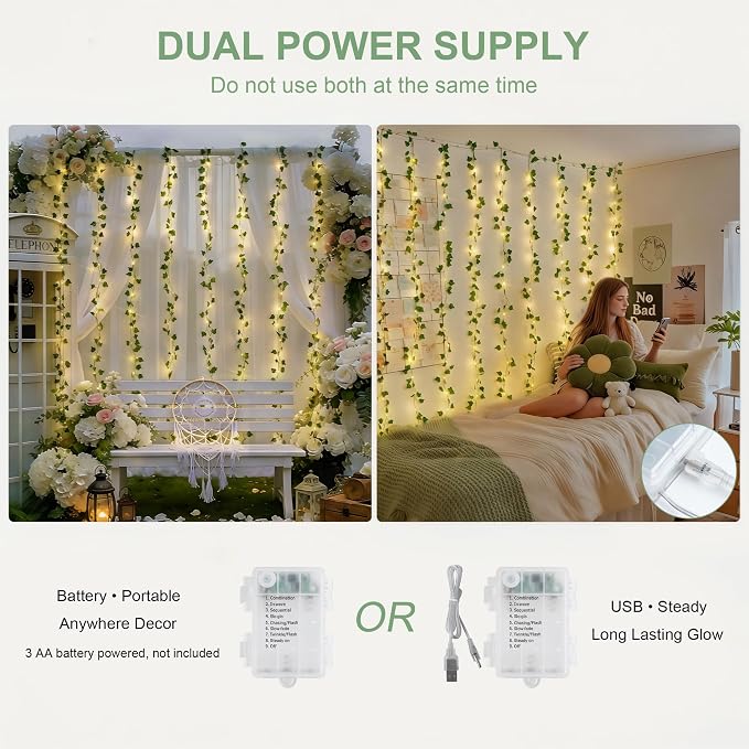 JMEXSUSS 200 LED Ivy Vine Lights, Fairy Curtain Lights USB & Battery Operated with Remote, 6.5x6.5ft Vines with Fairy String Lights for Bedroom, Dorm, Classroom, Wedding, Indoor, Outdoor Decor