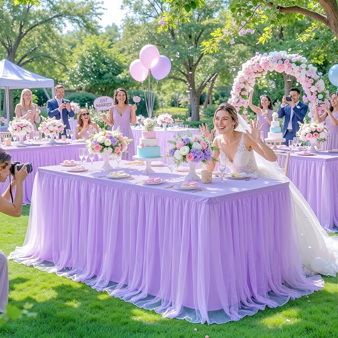 6 Pack Lavender Table Cloth for 8 Foot Rectangle Tables, Stretch Fitted Tulle Table Covers Skirt, Rectangular Ruffle Tutu Tablecloth Wedding Banquet Baby Shower Cake Tablecloths Decorations