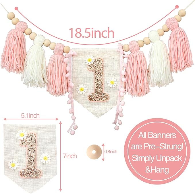 Daisy 1st Highchair Wood Bead Tassel Garland Crown Hat Wooden Cake Topper Birthday Decorations