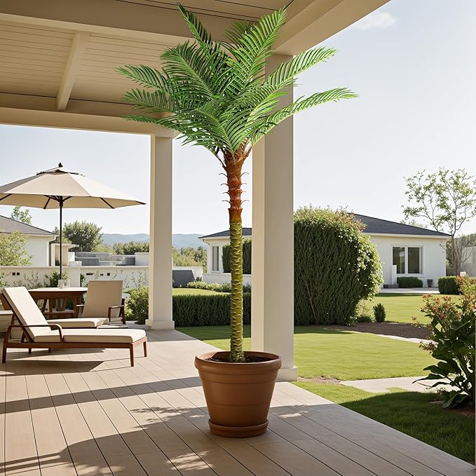 Jocoevol Fake Palm Tree, 8ft Artificial Phoenix Palm Tree Tall Tropical Tree with Adjustable Leaves & Planter, Outdoor Indoor Faux Trees for Living Room/Patio/Poolside/Yard Decor