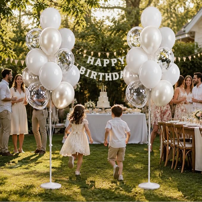 White Balloon Column Stand Kit Set of 2 Included-Pearl white Globos Blancos alloon Sticks with Base&Pole,Backdrop Decoration for Wedding Bridal Baby Shower Birthday,Anniversary Party