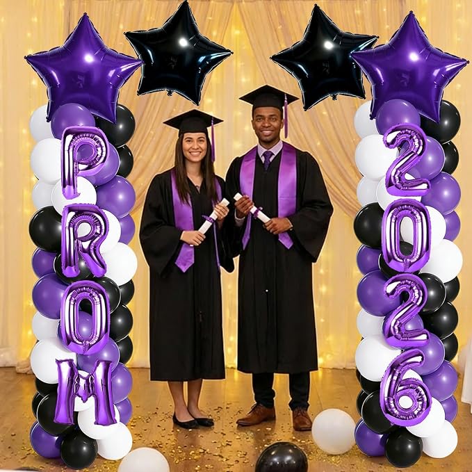 2 Sets Graduation Balloon Column Stand Kits with 132 PCS Purple Black White Latex Balloons 2026 Letters 6.5 Ft Adjustable Metal Tube Telescopic Tower Pillar with Base for Graduation Party Decoration
