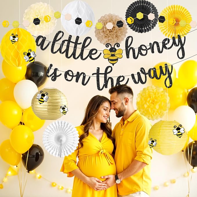 Kriyokiaa Bee Baby Shower Decorations 15 Pcs Honey Bee Baby Shower Decorations with A Little Honey is On The Way Banner, Paper Lantern Fans, Pom Poms, Honeycomb Ball for Bumblebee Party Decor