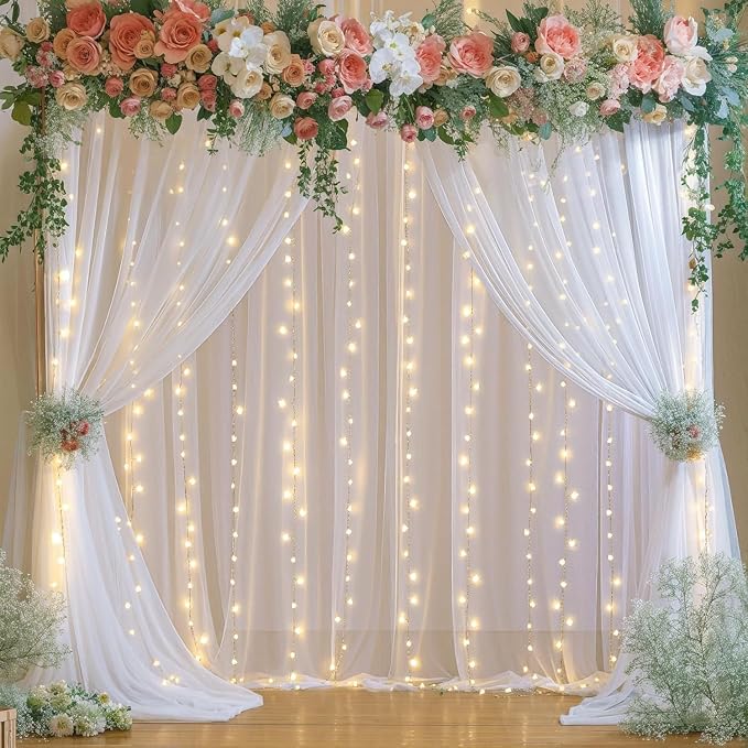 20ft x 10ft White Chiffon Backdrop Curtain with Lights String for Parties,4 Panels Sheer Tulle Curtain Wedding Backdrop for Baby Shower Birthday Party Ceremony Reception Home Decorations