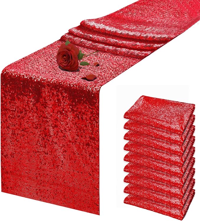10 Packs 12 x 72 inches Red Sequin Table Runner, Glitter Runner for Birthday Party Supplies Wedding Holiday Celebration Baby Shower Engagement Anniversary Decor