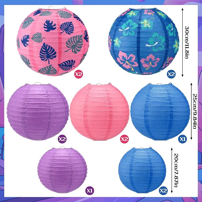 Weysat 12 Pcs Cartoon Hawaiian Animation Themed Hanging Paper Lanterns Hawaiian Themed Purple Blue Pink Lantern Decorations Luau Birthday Party Supplies for Birthday Party Classroom Home Decor