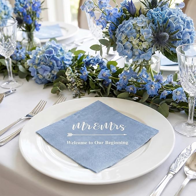Teling 400 Pcs Wedding Napkins for Reception, 3 Ply Mr Mrs Wedding Cocktail Napkins for Engagement Bridal Shower Party Supplies Beverage Dessert Table Decorations(Haze Blue)