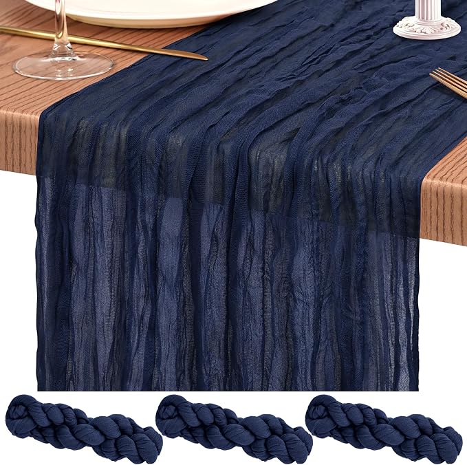 3 Pack Cheesecloth Table Runner 10FT Navy Blue Table Runner Boho Gauze Cheese Cloth Table Runners Long Rustic Sheer Table Decorations for Wedding Party Baby Bridal Shower Birthday Holiday Home