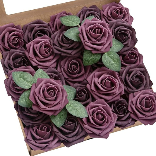 Ling's moment Artificial Flowers 25Pcs Mauve Plum Roses Decor w/Stems,3" DIY Foam Floral for Wedding Bouquet/Centerpieces, Outdoors Party Backdrop, Room/Table, and Garden/Pot Decorations