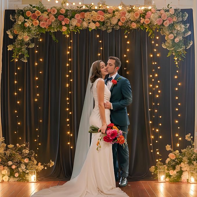 20x10FT Black Backdrop Curtains with Lights for Parties,Wrinkle Free Wedding Photo Backdrop Curtains for Baby Shower Birthday Ceremony Reception Home Party Decorations-5ft x 10ft,4 Panels