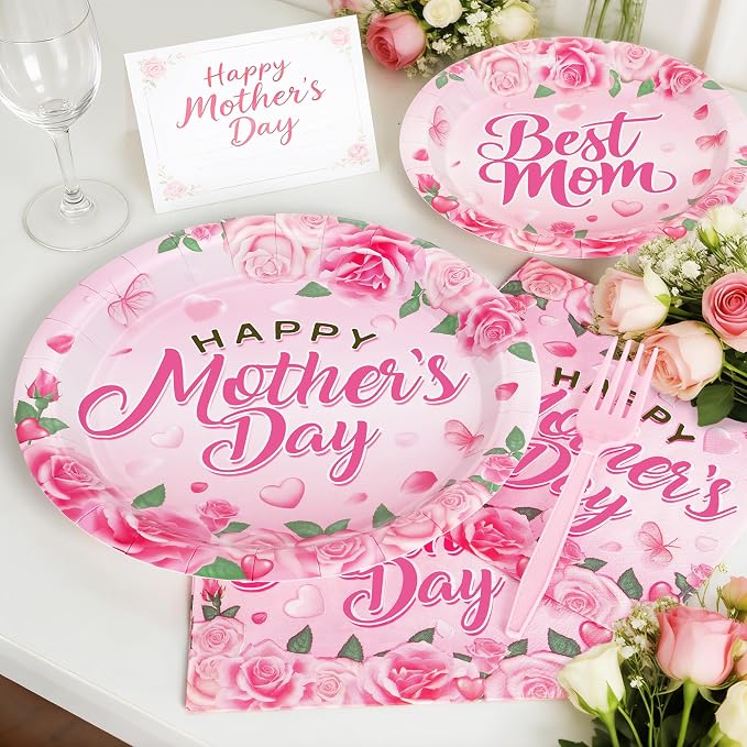 122 PCS Mothers Day Plates and Napkins Set, Serves for 30 Guests Pink Mother's Day Home Decor with Flowers, Disposable Paper Plates Napkins Plastic Forks Tablecloth for Best Mom Party Supplies