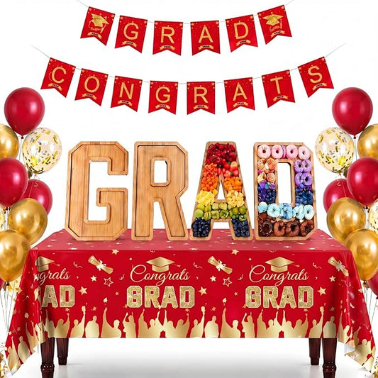 Mindsoft 30 Pcs Graduation Charcuterie Board Set 2026 Grad Bamboo Fillable Box with Red Gold Congrats Banner, Balloons, Tablecloth Graduation Party Decorations Supplies for High School College