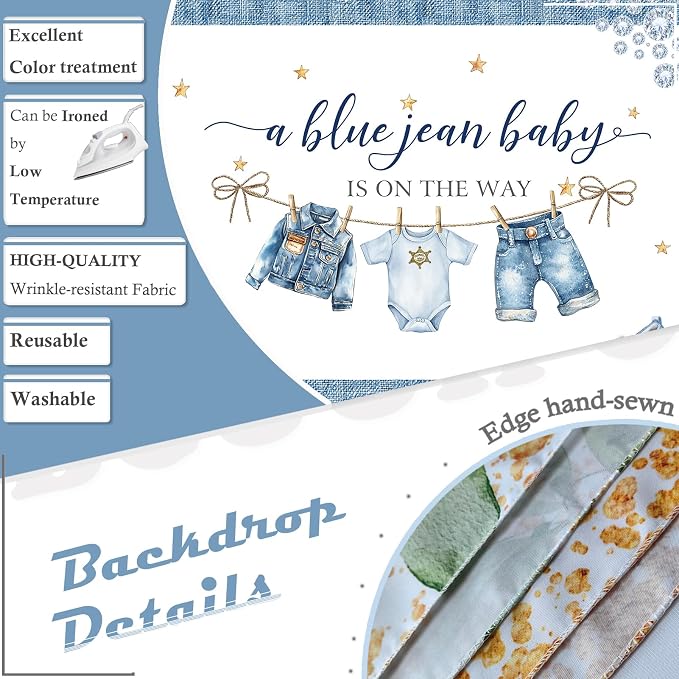 Baby Shower Backdrop A Blue Jean Baby is On The Way Denim Diamond Clothes Photography Background for Newborn Shower Party Decoration Cake Table Banner Supplies Photo Booth Studio Props 7x5ft