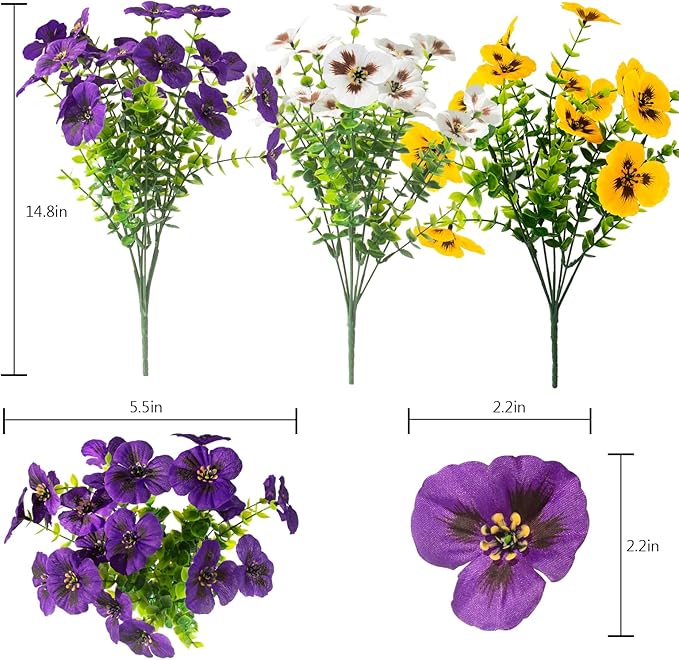 lovemoon 2 Sets Artificial Hanging Pansy Flowers with Baskets, 24 Pcs UV Resistant Faux Silk Pansy Outdoor Hanging Flower for Porch Patio Garden Home Spring Decor (2, White,Yellow,Purple)