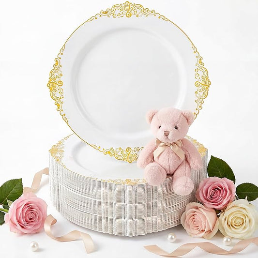 Nervure 100Pcs White and Gold Plastic Plates - 10.25Inch Gold Disposable Plates - Heavyweight Dinner Plate for Wedding & Party & Mothers Day