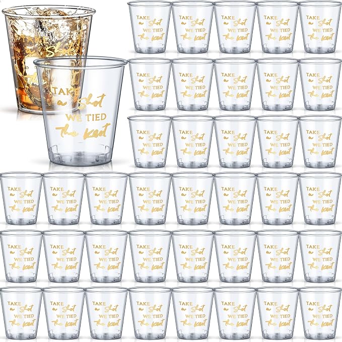 Domensi 200 Pieces Plastic Shot Clear Glasses 2 oz Take a Shot We Tied The Knot Disposable Mini Glasses Bulk Wedding Favors Cup for Weddings, Bridal Showers, Engagement Parties(Gold)