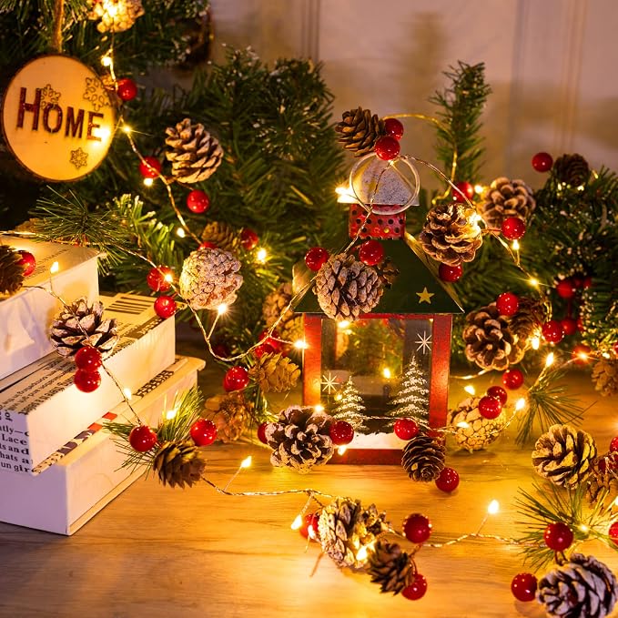 Minetom Christmas Pine Lighted Garland Decor, 9.8 Ft 60 LED with 8 Modes | Red Berry Pine Cone Battery Operated Christmas Garland Lights, Remote Control for Mantle Fireplace Stairs Xmas Indoor Decor