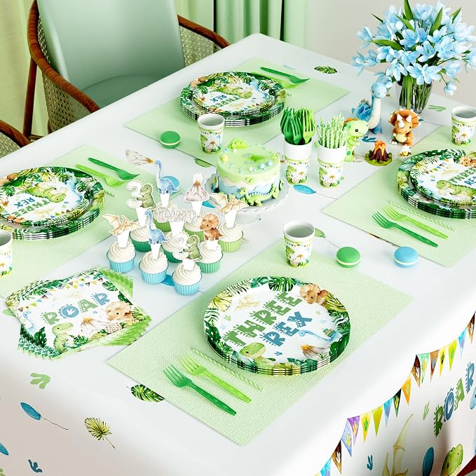 Hombae Three Rex Birthday Decorations Boy, Dinosaur 3rd Birthday Party Supplies with 3 Rex Tableware, Plates, Napkins, Hanging Swirls for Boys 3 Year Old Dino Theme Party, Serves 24