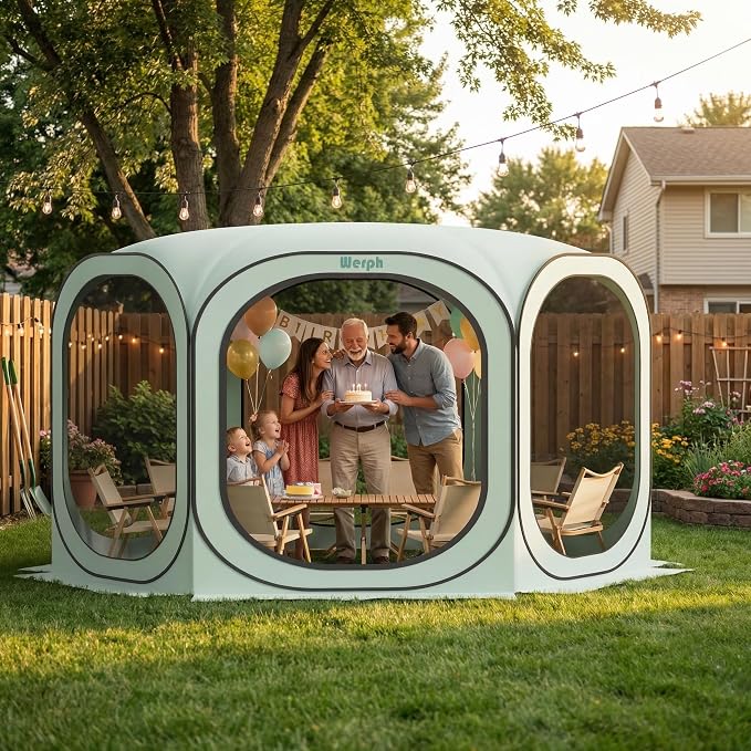 Werph 12x12 Pop Up Screen Tent, Mosquito Net Gazebo, UV Resistant, Green | Roof Waterproof Screen Canopy, Quick Setup Outdoor Shelter for Backyard, Patio, Garden, Picnic, Camping and Events