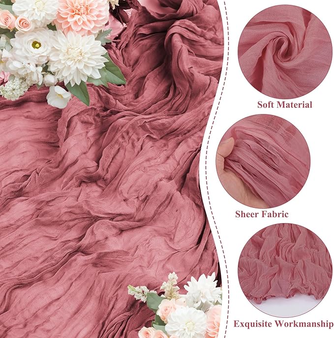 20 Pack Dusty Rose Cheesecloth Table Runner 10FT Long Boho Gauze Fabric Table Runner Vintage Rustic Sheer Runners for Wedding Party Bridal Baby Shower Table Decorations