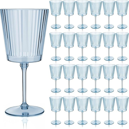 Domensi 24 Pack Plastic Wine Glasses Disposable 13 oz Ribbed Wine Glasses with Stem Unbreakable Reusable Cocktail Cups for Wedding Holiday Birthday Party Supplies (Blue)