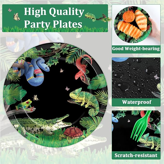 50 Guests Reptile Snake Party Plates and Napkins Party Supplies Jungle Swamp Snake Turtle Birthday Party Decorations Disposable Tableware Set Lizard Baby Shower Dinnerware Favor for Kids, 200PCS