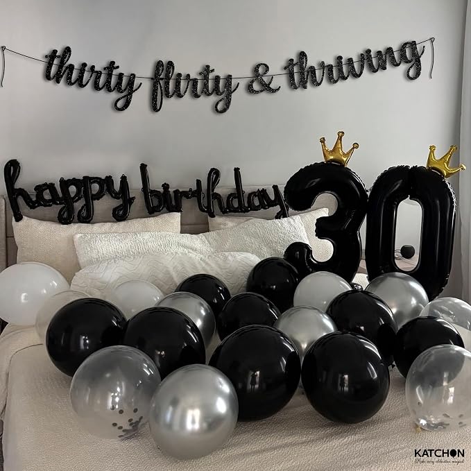 KatchOn, Glitter Thirty Flirty & Thriving Banner - 10 Feet | 30th Birthday Decorations for Her, Him | 30th Birthday Party Decorations for Women | Talk Thirty to Me banner, Black 30th Birthday Banner
