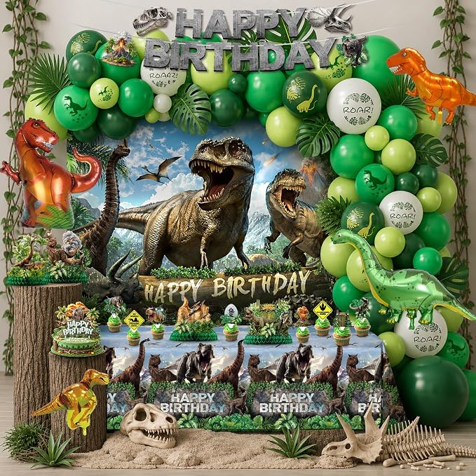 Dinosaur Birthday Decorations Dino Wrold Party Decorations Set Included Dino Balloons, Tablecloth, Backdrop, Cake Cupcake Toppers, Banner, Honeycomb Dinosaur Party Supplies for Kids Birthday Decor