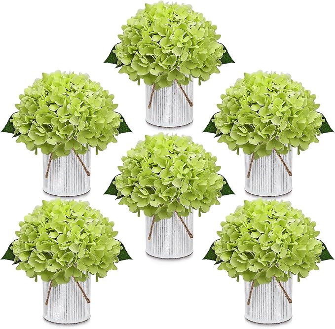 Flower Table Centerpieces - Set of 6 Floral Arrangement Artificial Wedding Hydrangeas Floral Arrangement with Rustic Metal Vase for Bridal Tea Party Event Decorations - Light Green