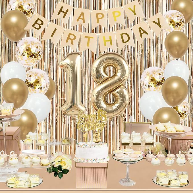 Trgowaul Happy 18th Birthday Decorations for Girls, Banner, Sash and Crown, Cake Topper, 18 Number Balloon, Fringe Curtains, Champagne Gold 18th Birthday Party Supplies
