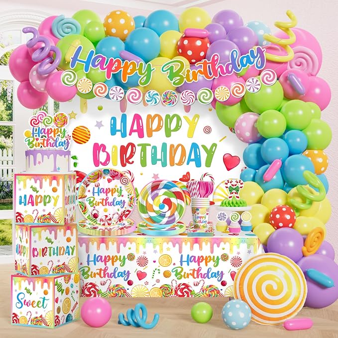 281pcs Candyland Party Decorations, All-in-One Party Pack for 25 Guests, with Balloon Arch, No-DIY Banner, Thick Plates and Napkins, Tablecloths, Easy Setup for Candy Birthday Party