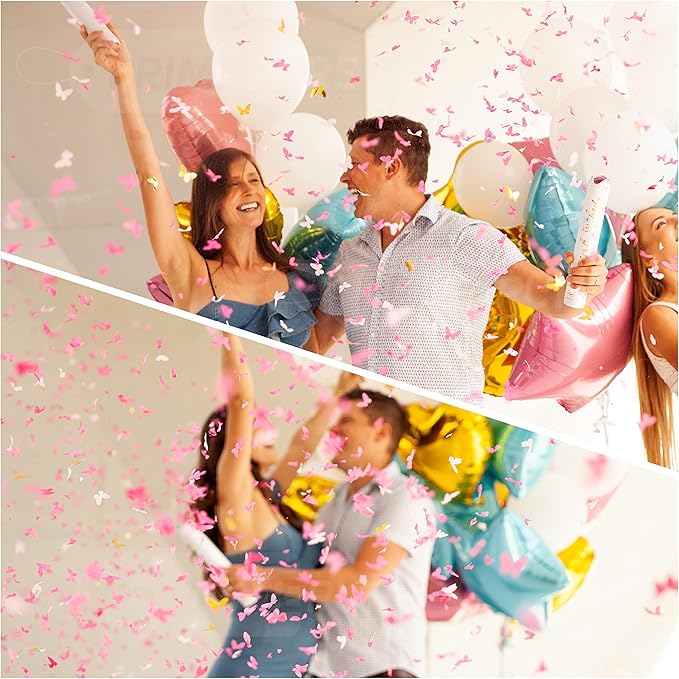 PrimePure Gender Reveal Confetti Cannon - Butterfly Shaped Confetti Poppers - Pink, 2 Pack - Baby Girl Gender Reveal Party Poppers Shooters - Pink Paper Butterflies Baby Shower Party Supplies Pop Gun