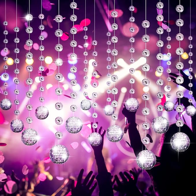 Sumind 8 Pack Disco Party Decorations Mini Disco Ball Garlands Silver Mirror Ball Hanging Banner Silver Streamer Curtains for Birthday Wedding Christmas Party Backdrop Supplies(1 Inch, 3 Inch)