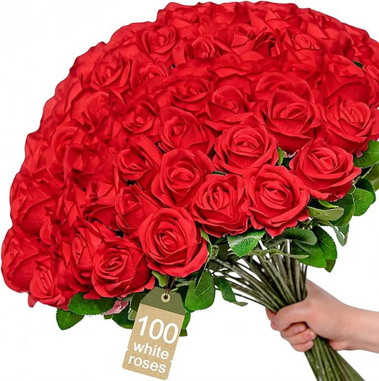 Wrbtn[100]Pcs Realistic Artificial Flowers Red Roses Bulk, Silk Flowers for Wedding Decorations & Home Decor,Bridal Bouquets & Centerpieces,Perfect for Halloween&Valentine's Day Decorations (100, Red)